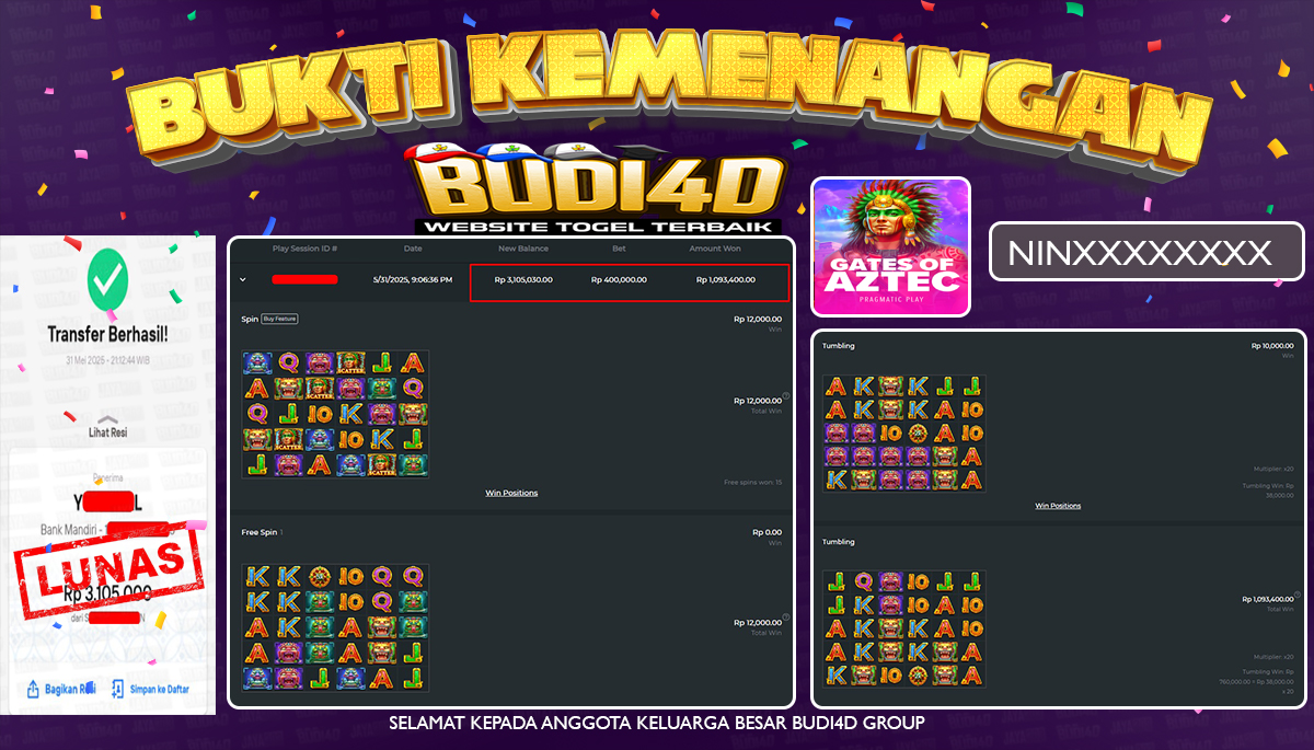 BUDI4D JACKPOT SLOT PRAGMATIC GATES OF AZTEC  Rp.3.105.000,- LUNAS
