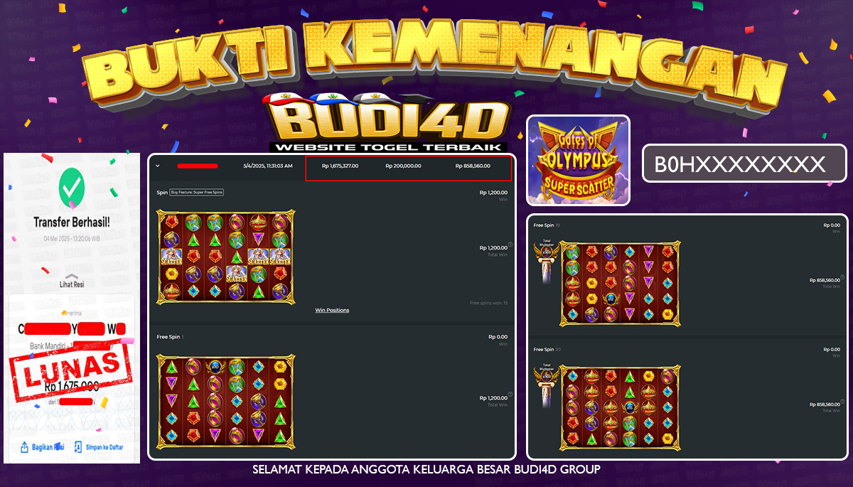 BUDI4D JACKPOT SLOT PRAGMATIC GATES OF OLYMPUS SUPER SCATTER Rp.1.675.000,- LUNAS