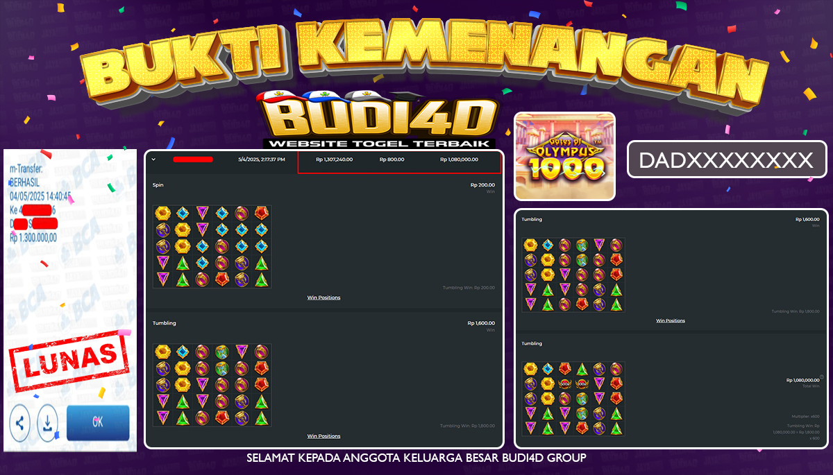 BUDI4D JACKPOT SLOT PRAGMATIC GATES OF OLYMPUS 1000 Rp.1.300.000,- LUNAS