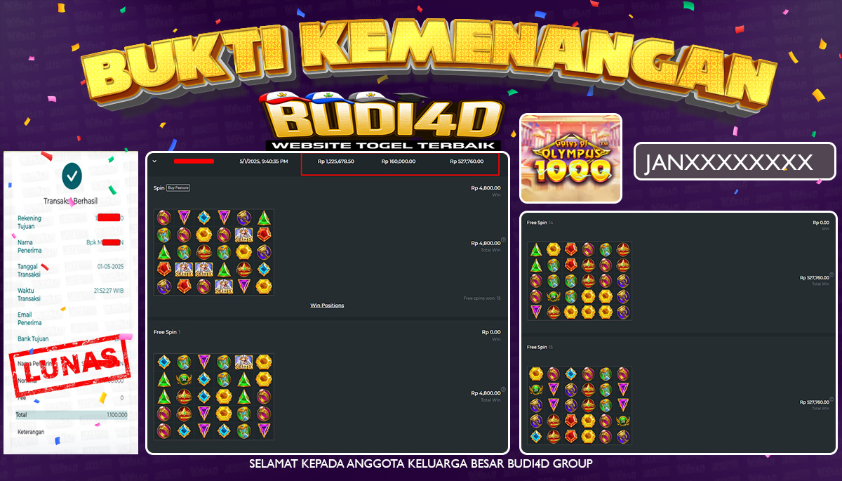BUDI4D JACKPOT SLOT PRAGMATIC GATES OF OLYMPUS 1000 Rp.1.100.000,- LUNAS