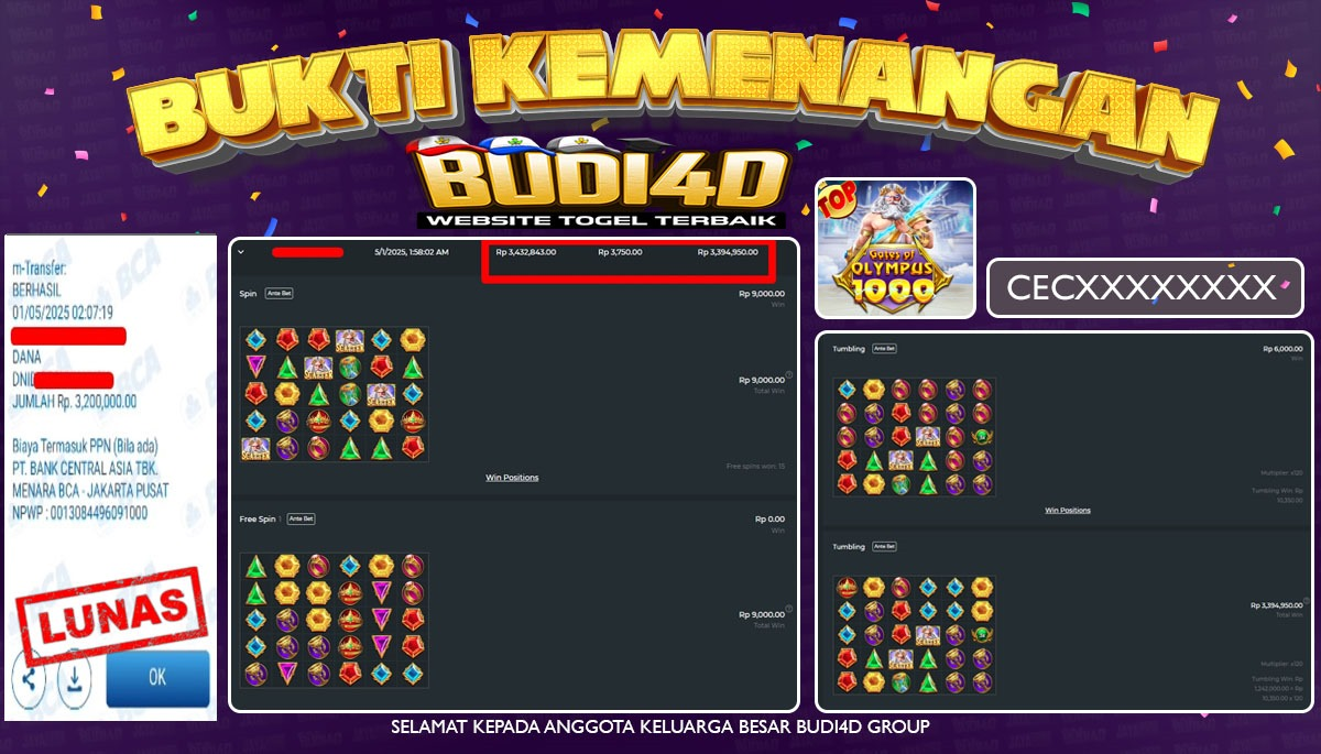 BUDI4D JACKPOT SLOT PRAGMATIC GATES OF OLYMPUS 1000 Rp.3.200.000,- LUNAS