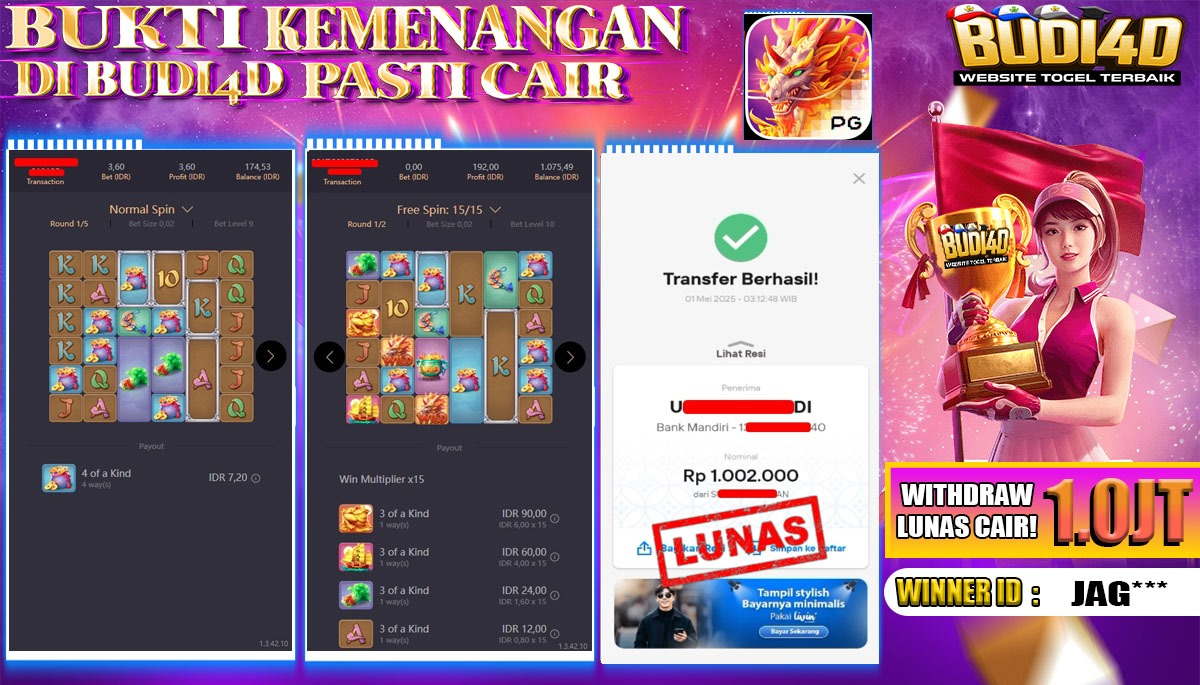 BUDI4D JACKPOT SLOT PGSOFT WAYS OF THE QILIN Rp.1.002.000,- LUNAS