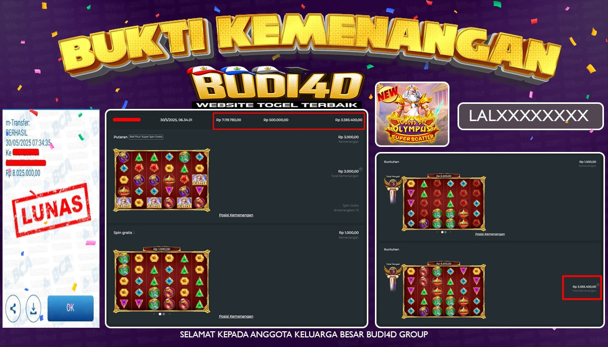 BUDI4D JACKPOT SLOT PRAGMATIC GATES OF OLYMPUS SUPER SCATTER Rp.8.025.000,- LUNAS