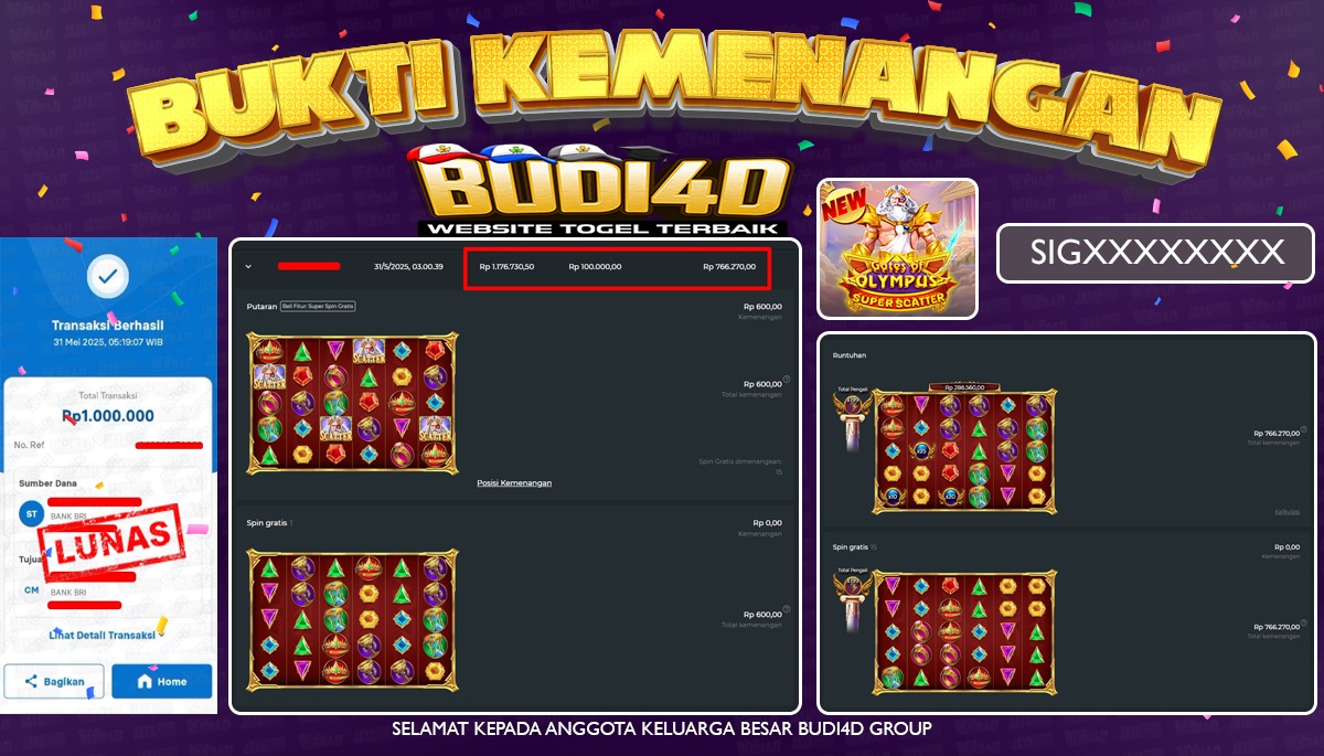 BUDI4D JACKPOT SLOT PRAGMATIC GATES OF OLYMPUS SUPER SCATTER Rp.1.000.000,- LUNAS
