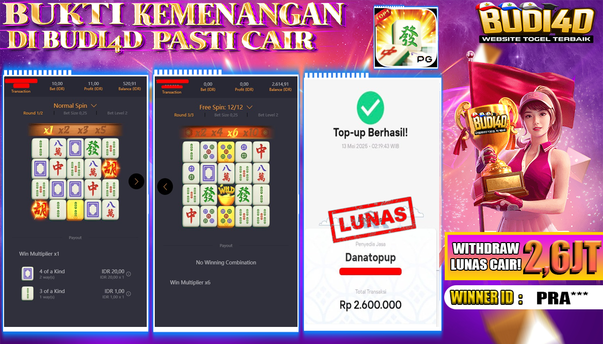 BUDI4D JACKPOT SLOT PG SOFT MAHJONG WAYS Rp.2.600.000,- LUNAS