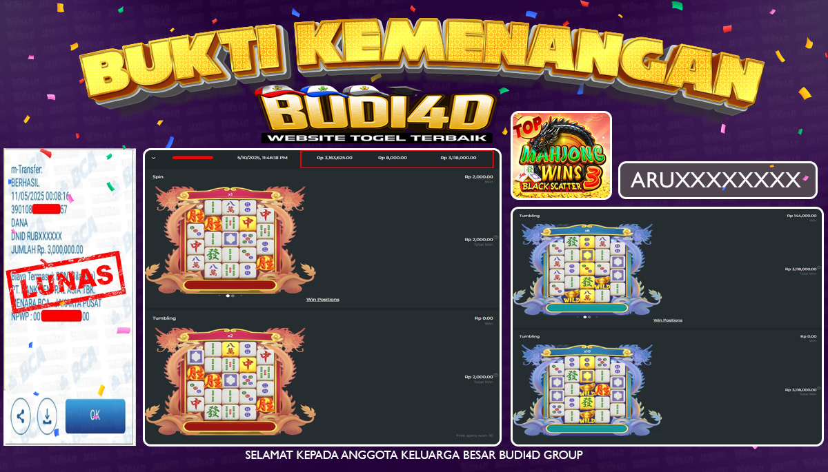 BUDI4D JACKPOT SLOT Pragmatic Play Mahjong Wins 3 – Black Scatter Rp.3,000,000,- LUNAS