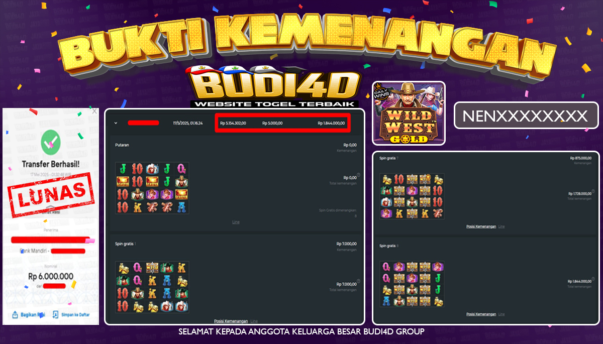 BUDI4D JACKPOT SLOT PRAGMATIC PLAY WILD WEST GOLD Rp.6.000.000,- LUNAS