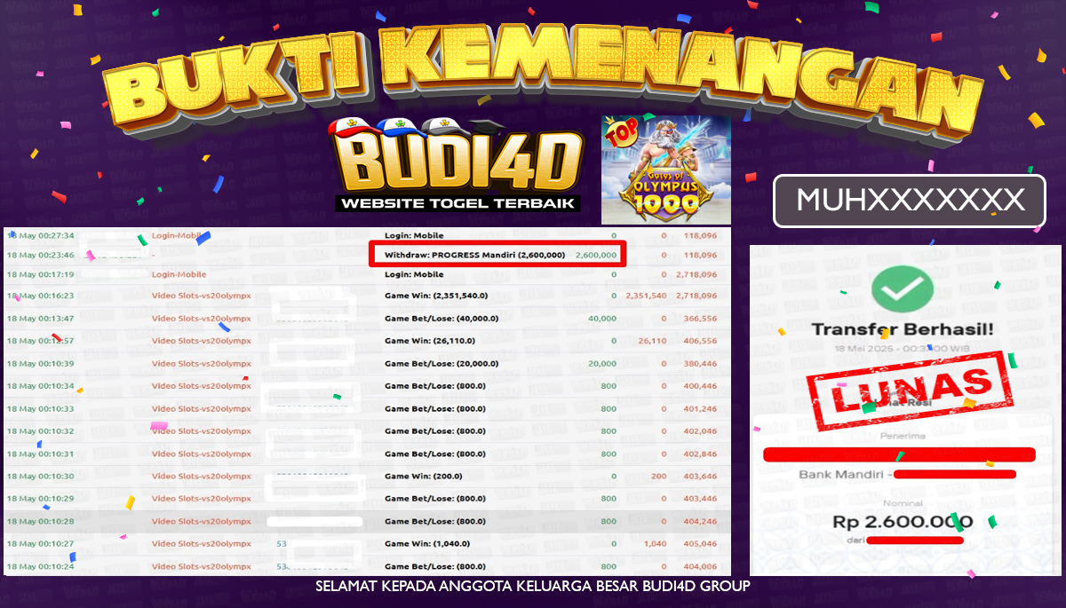 BUDI4D JACKPOT SLOT PRAGMATIC PLAY GATES OF OLYMPUS 1000 Rp.2.600.000,- LUNAS
