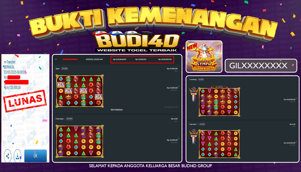 BUDI4D JACKPOT SLOT PRAGMATIC GATES OF OLYMPUS SUPER SCATTER Rp.6.125.000,- LUNAS
