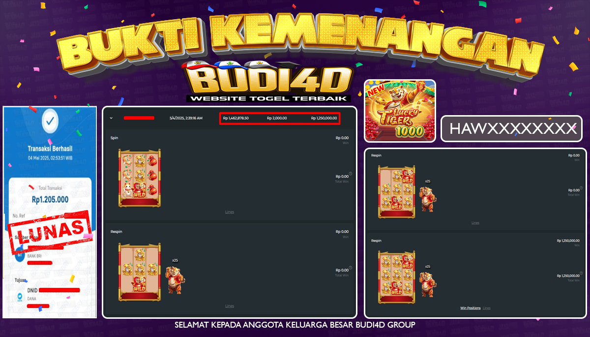 BUDI4D JACKPOT SLOT PRAGMATIC PLAY LUCKY TIGER 1000 Rp.1.205.000,- LUNAS