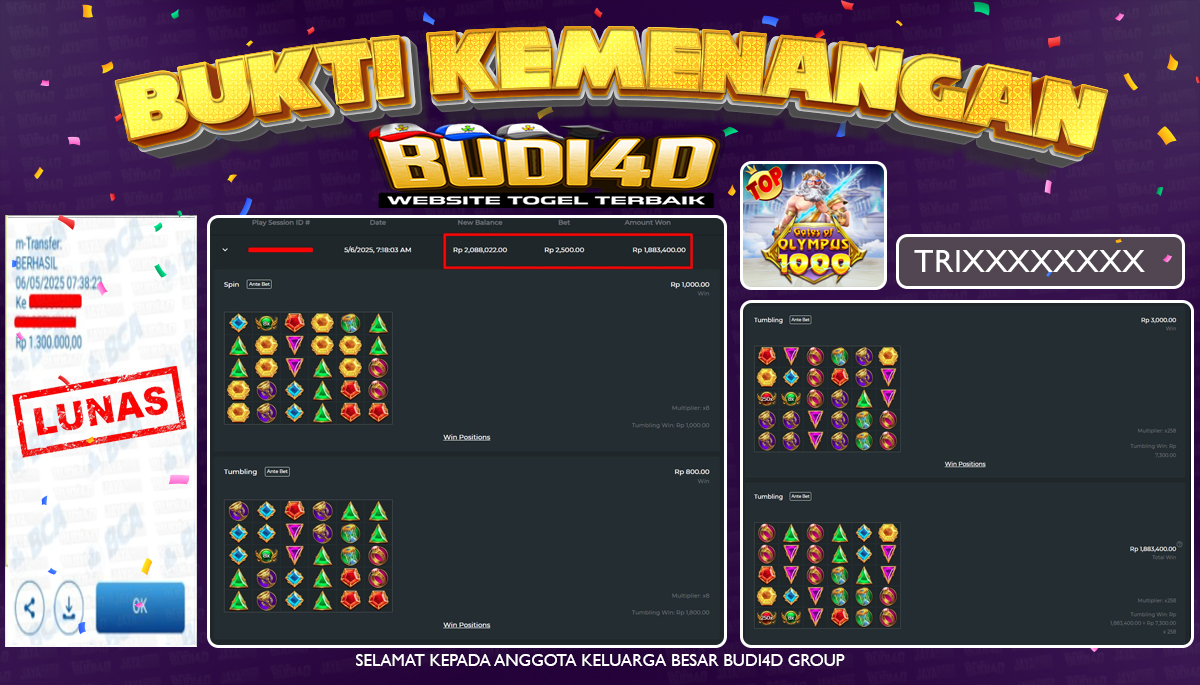 BUDI4D JACKPOT SLOT PRAGMATIC PLAY GATES OF OLYMPUS 1000 Rp.1,300,000,- LUNAS