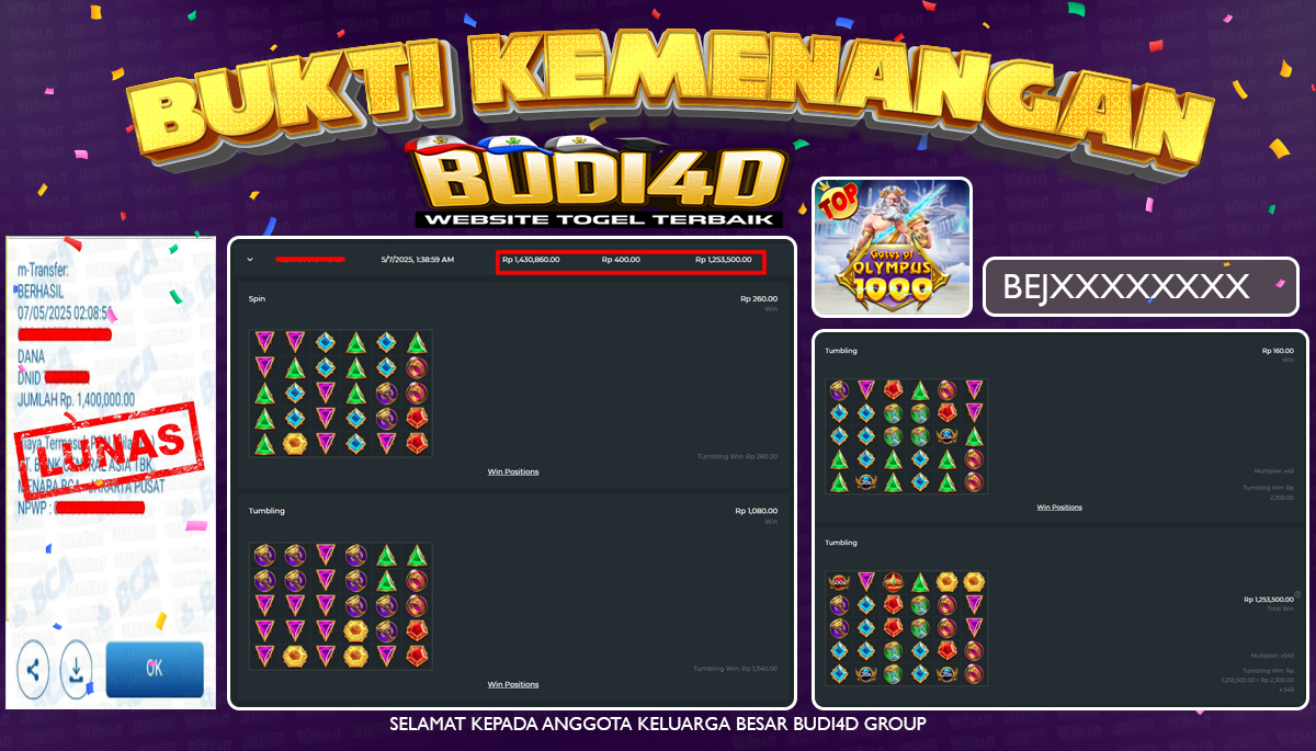 BUDI4D JACKPOT SLOT PRAGMATIC PLAY GATES OF OLYMPUS 1000 Rp.1.400.000,- LUNAS