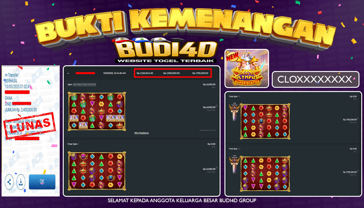 BUDI4D JACKPOT SLOT PRAGMATIC PLAY GATES OF OLYMPUS SUPER SCATTER Rp.2.400.000,- LUNAS