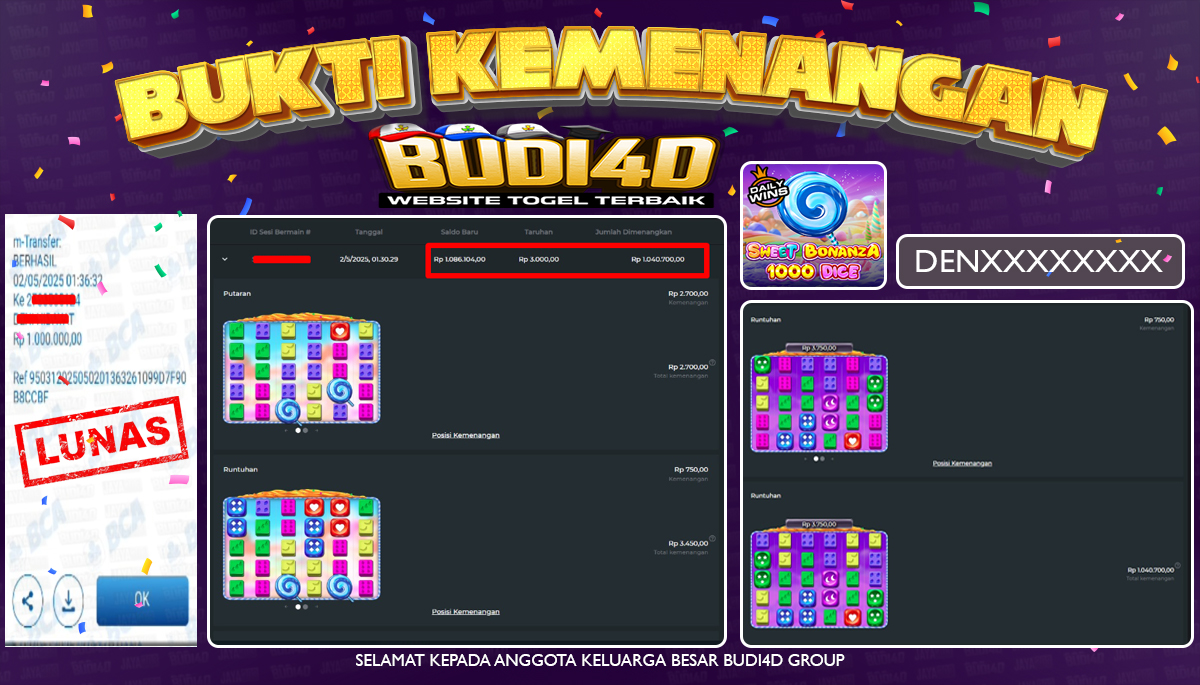 BUDI4D JACKPOT SLOT PRAGMATIC SWEET BONANZA 1000 DICE Rp.1.040.700,- LUNAS