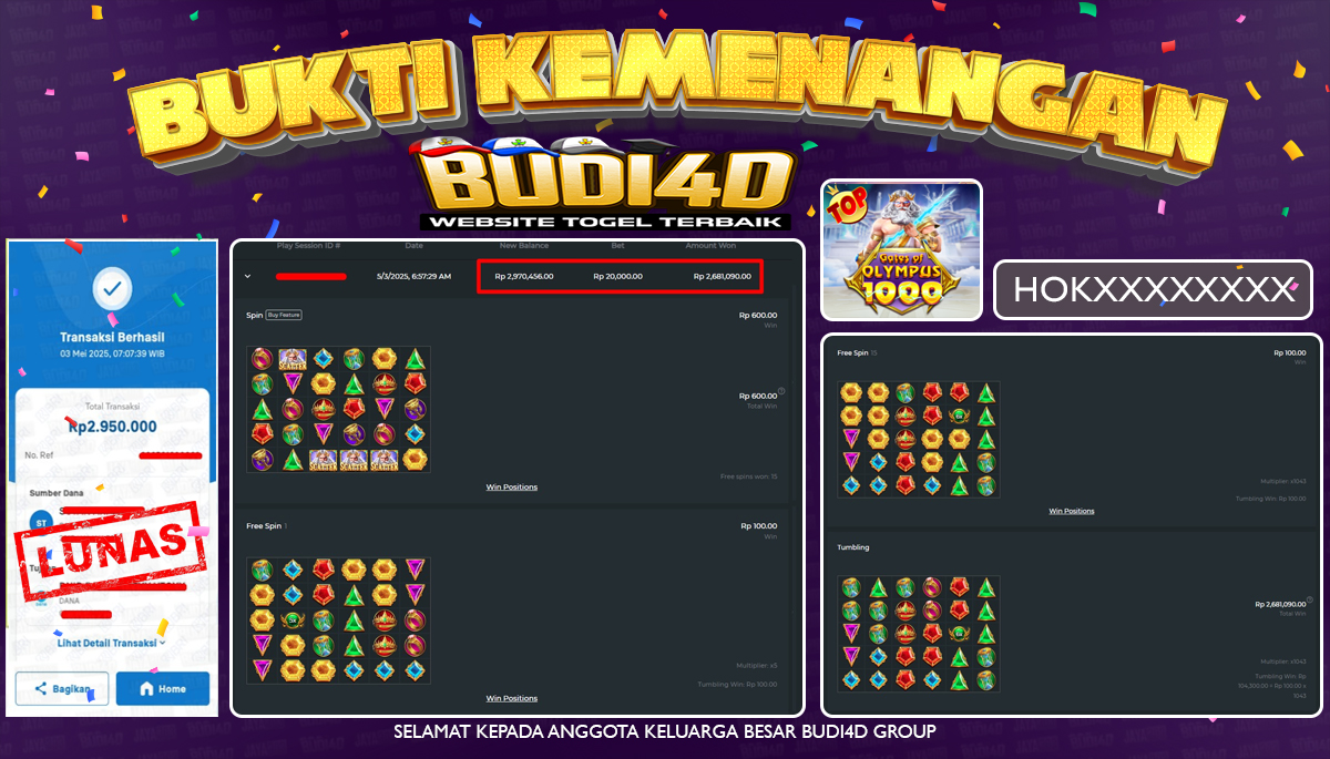 BUDI4D JACKPOT SLOT PRAGMATIC GATES OF OLYMPUS 1000 Rp.2.681.090,- LUNAS