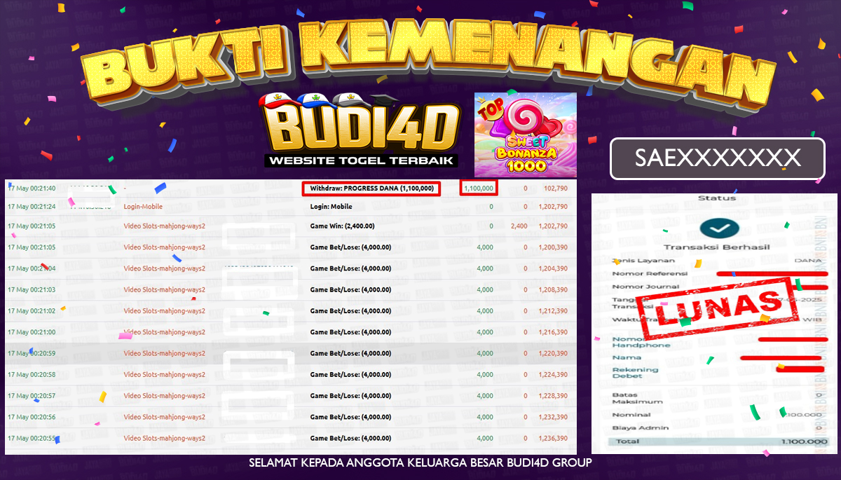 BUDI4D JACKPOT SLOT PRAGMATIC PLAY SWEET BONANZA 1000 Rp.1.100.000,- LUNAS