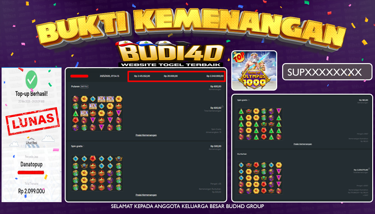 BUDI4D JACKPOT SLOT PRAGMATIC PLAY GATES OF OLYMPUS 1000 Rp.2.099.000,- LUNAS