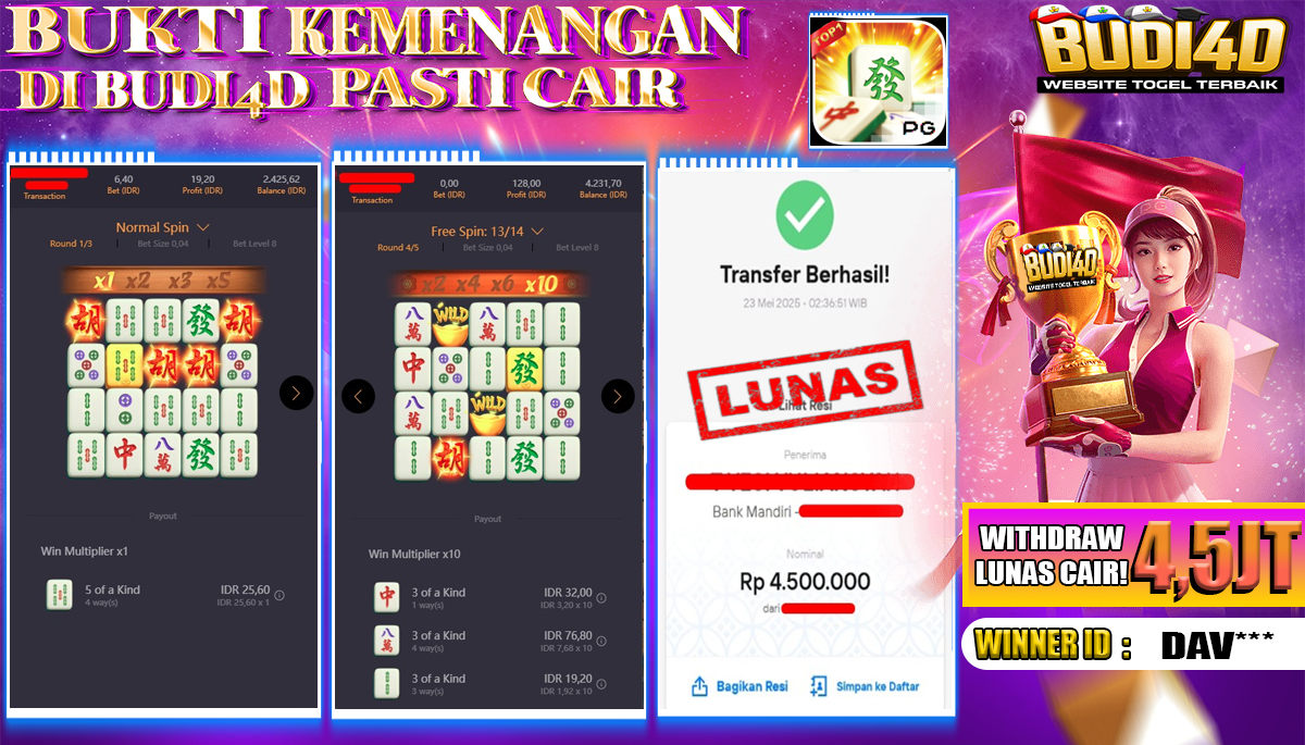 BUDI4D JACKPOT SLOT PGSOFT MAHJONG WAYS Rp.4.500.000,- LUNAS