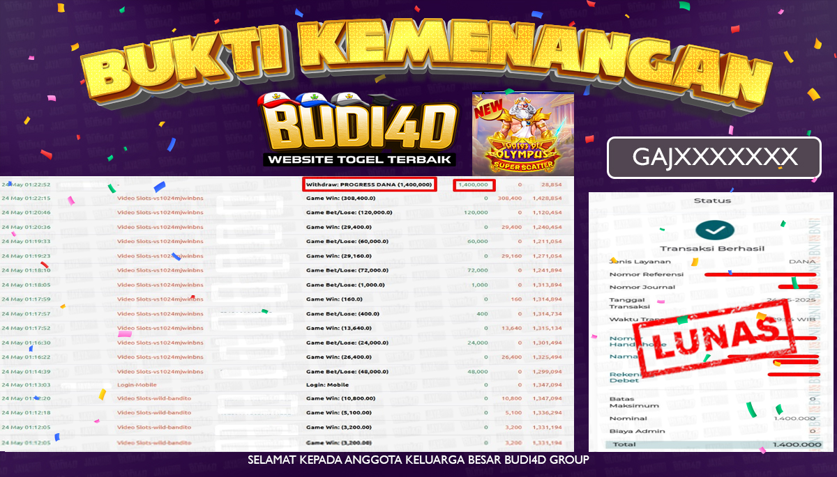 BUDI4D JACKPOT SLOT PRAGMATIC PLAY GATES OF OLYMPUS SUPER SCATTER Rp.1.400.000,- LUNAS