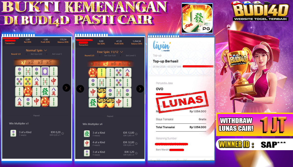 BUDI4D JACKPOT SLOT PGSOFT MAHJONG WAYS Rp.1.054.000,- LUNAS