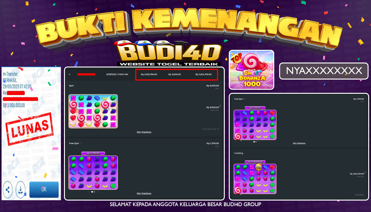 BUDI4D JACKPOT SLOT PRAGMATIC SWEET BONANZA1000 Rp.3.000.000,- LUNAS