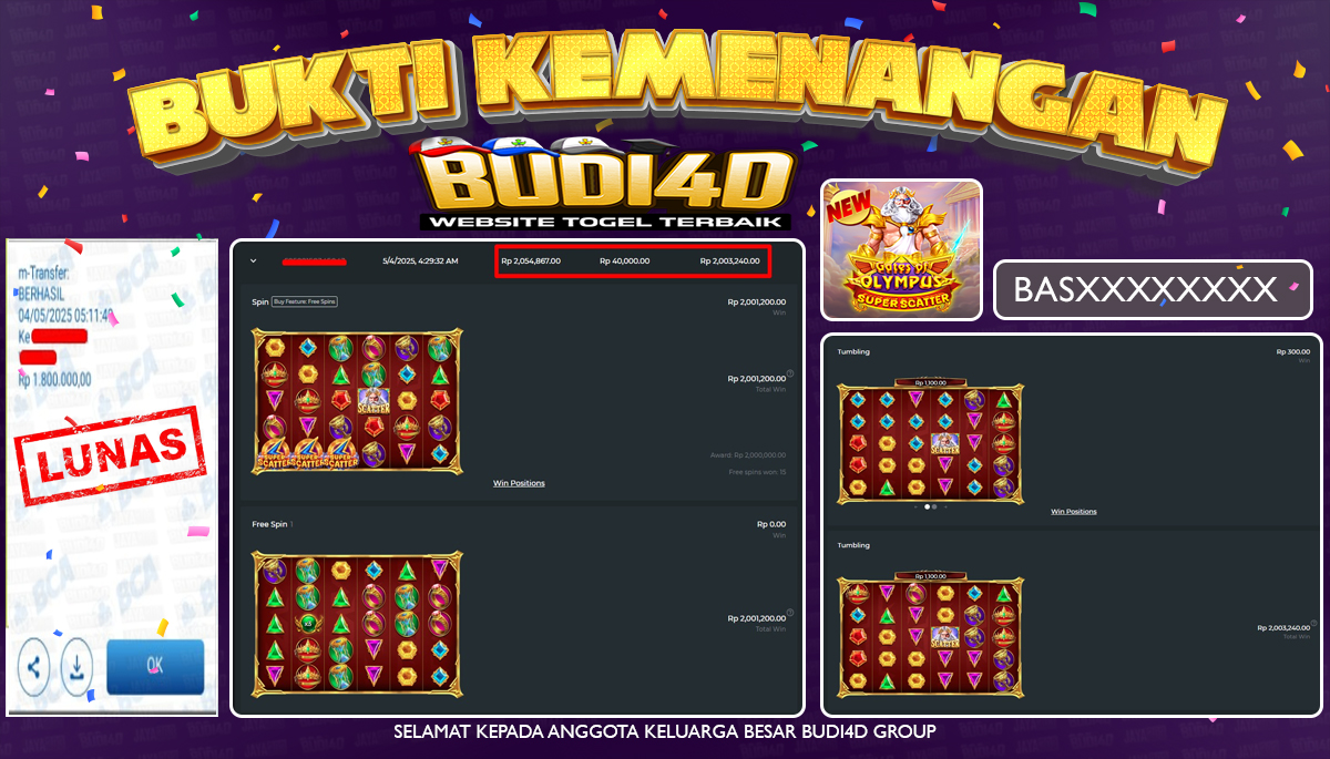 BUDI4D JACKPOT SLOT PRAGMATIC PLAY GATES OF OLYMPUS SUPER SCATTER Rp.1.800.000,- LUNAS