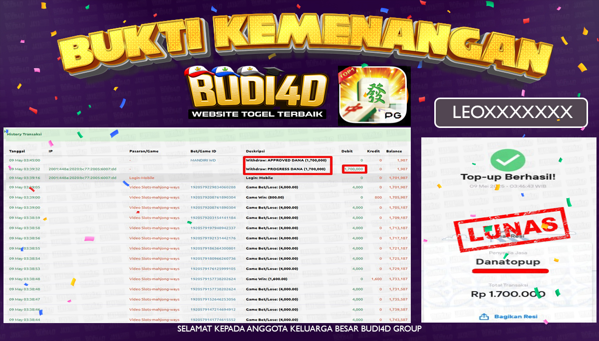 BUDI4D JACKPOT SLOT PG SOFT MAHJONG WAYS Rp.1.700.000,- LUNAS