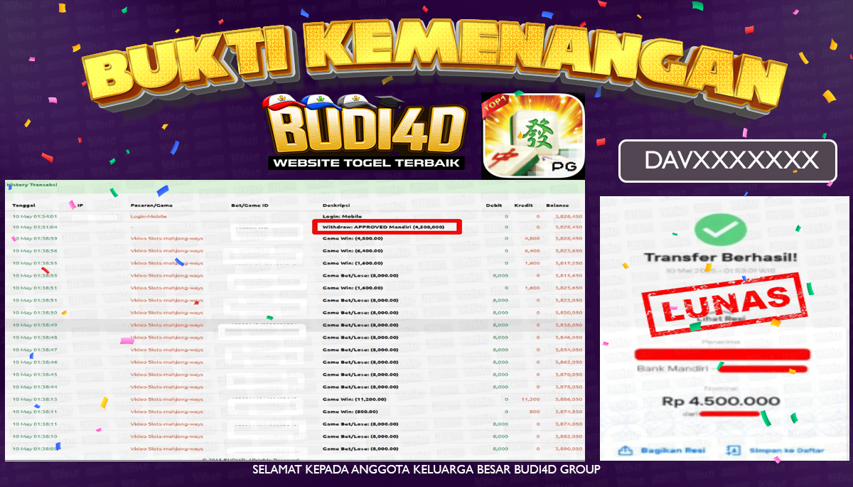 BUDI4D JACKPOT SLOT PG SOFT MAHJONG WAYS Rp.4.500.000,- LUNAS