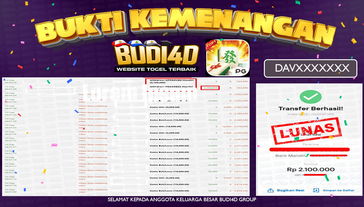 BUDI4D JACKPOT SLOT PG SOFT MAHJONG WAYS Rp.2.100.000,- LUNAS