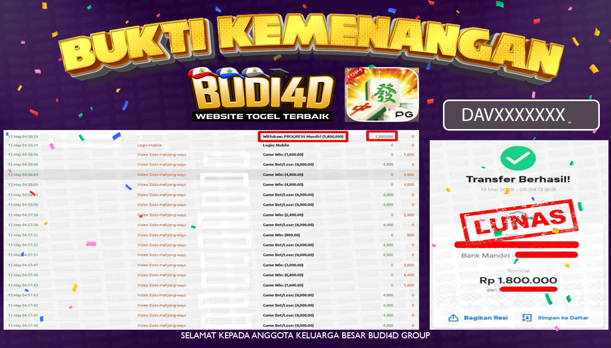 BUDI4D JACKPOT SLOT PG SOFT MAHJONG WAYS Rp.1.800.000,- LUNAS