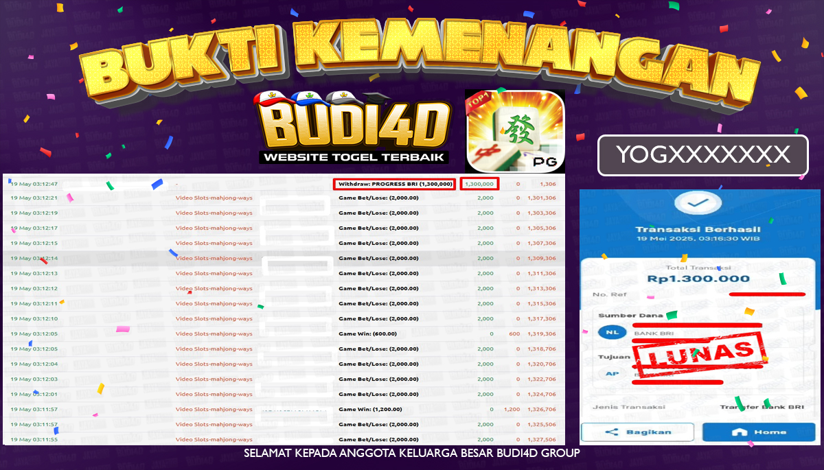BUDI4D JACKPOT SLOT PGSOFT MAHJONG WAYS  Rp.1.300.000,- LUNAS