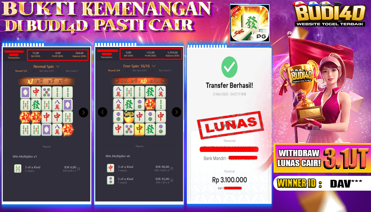 BUDI4D JACKPOT SLOT PGSOFT MAHJONG WAYS Rp.3.100.000,- LUNAS