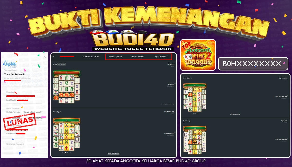 BUDI4D JACKPOT SLOT PRAGMATIC MAHJONG WINS 2 Rp.1.032.000,- LUNAS