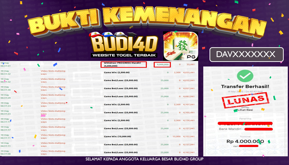BUDI4D JACKPOT SLOT PGSOFT MAHJONG WAYS Rp.4.000.000,- LUNAS