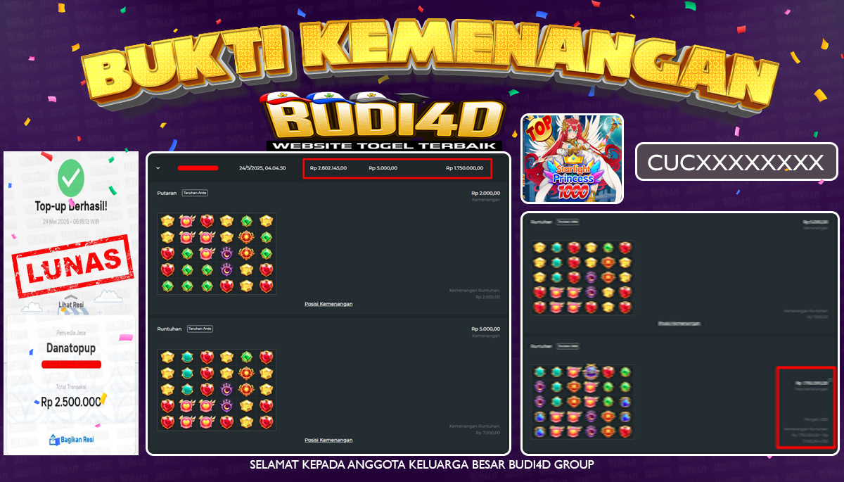 BUDI4D JACKPOT SLOT PRAGMATIC PLAY STARLIGHT PRINCESS 1000 Rp.2.500.000,- LUNAS