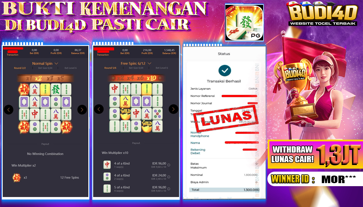 BUDI4D JACKPOT SLOT PG SOFT MAHJONG WAYS Rp.1.300.000,- LUNAS
