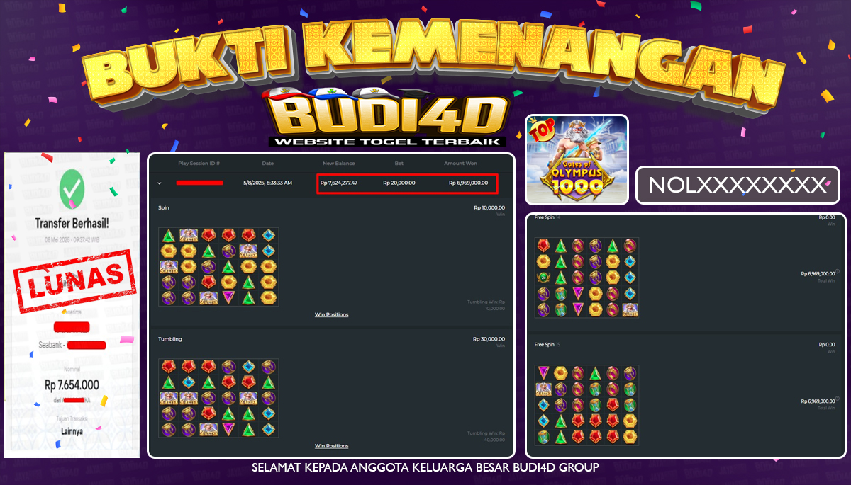 BUDI4D JACKPOT SLOT PRAGMATIC PLAY GATES OF OLYMPUS 1000 Rp.7.654.000,- LUNAS