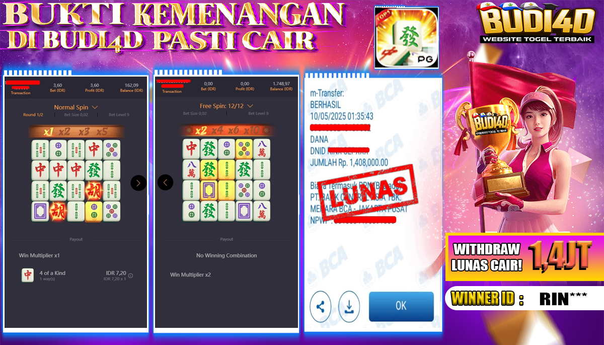 BUDI4D JACKPOT SLOT PG SOFT MAHJONG WAYS Rp.1.408.000,- LUNAS