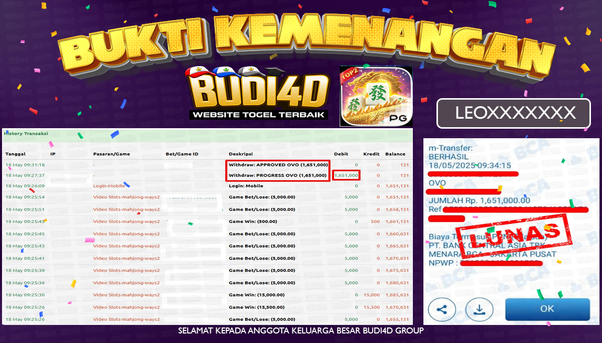 BUDI4D JACKPOT SLOT PGSOFT MAHJONG WAYS 2 Rp.1.651.000,- LUNAS