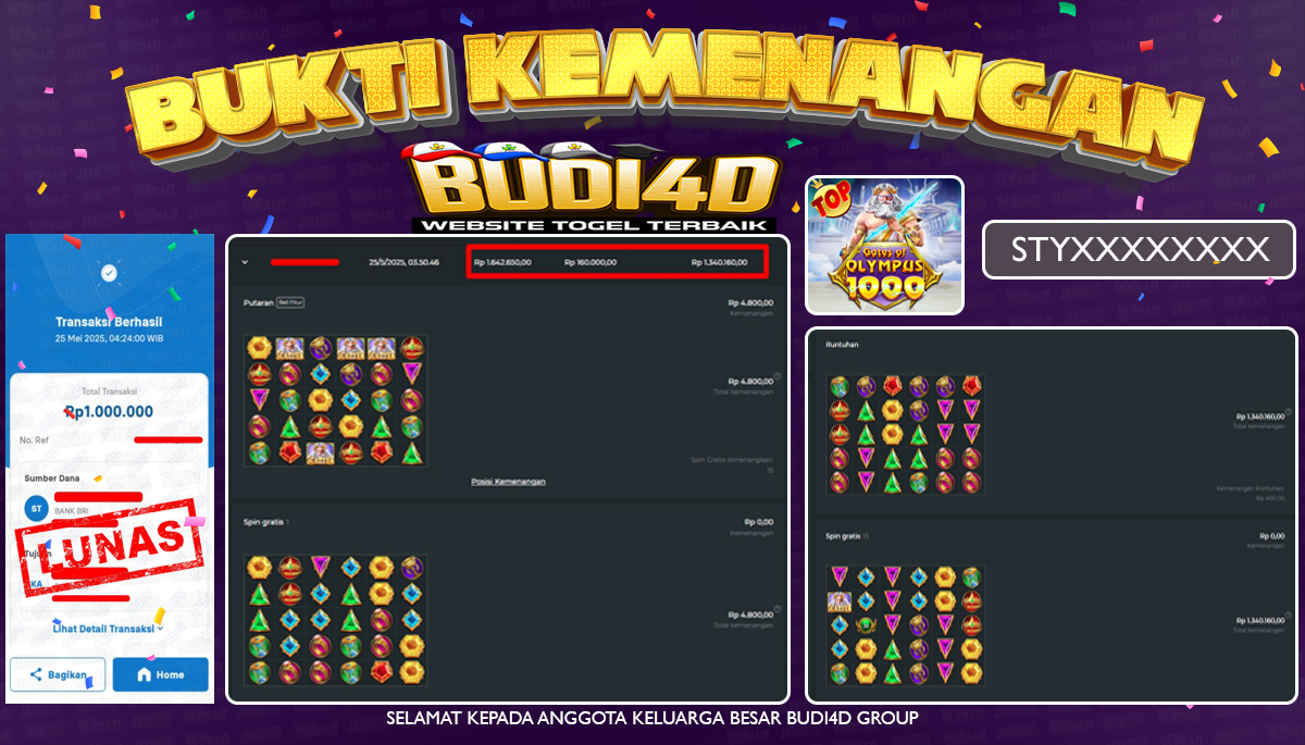 BUDI4D JACKPOT SLOT PRAGMATIC PLAY GATES OF OLYMPUS 1000 Rp.1.000.000,- LUNAS
