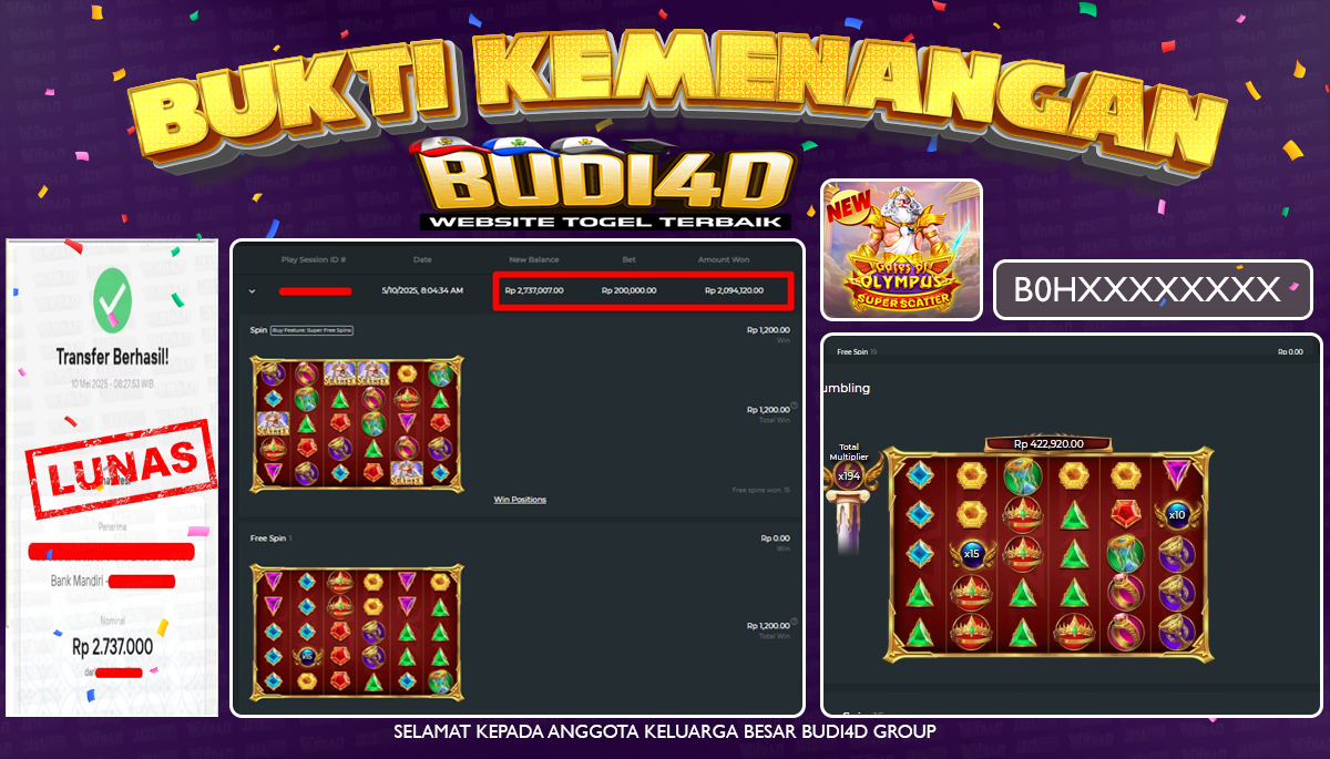 BUDI4D JACKPOT SLOT PRAGMATIC PLAY GATES OF OLYMPUS SUPER SCATTER Rp.2.737.000,- LUNAS