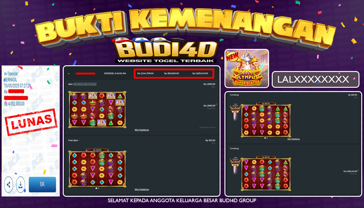 BUDI4D JACKPOT SLOT PRAGMATIC PLAY GATES OF OLYMPUS SUPER SCATTER Rp.4.052.000,- LUNAS