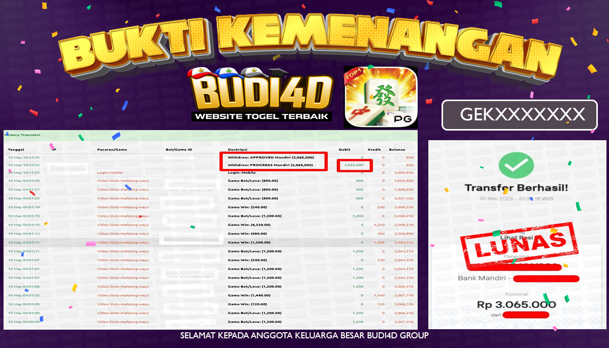 BUDI4D JACKPOT SLOT PG SOFT MAHJONG WAYS Rp.3.065.000,- LUNAS
