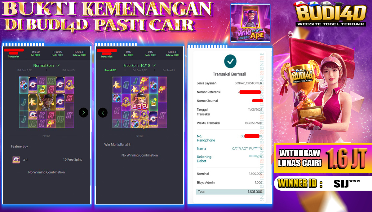 BUDI4D JACKPOT SLOT PGSOFT WILD APE Rp.1.601.000,- LUNAS