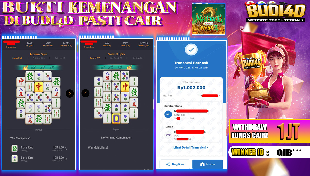 BUDI4D JACKPOT SLOT PGSOFT MAHJONG WAYS 2 Rp.1.002.000,- LUNAS