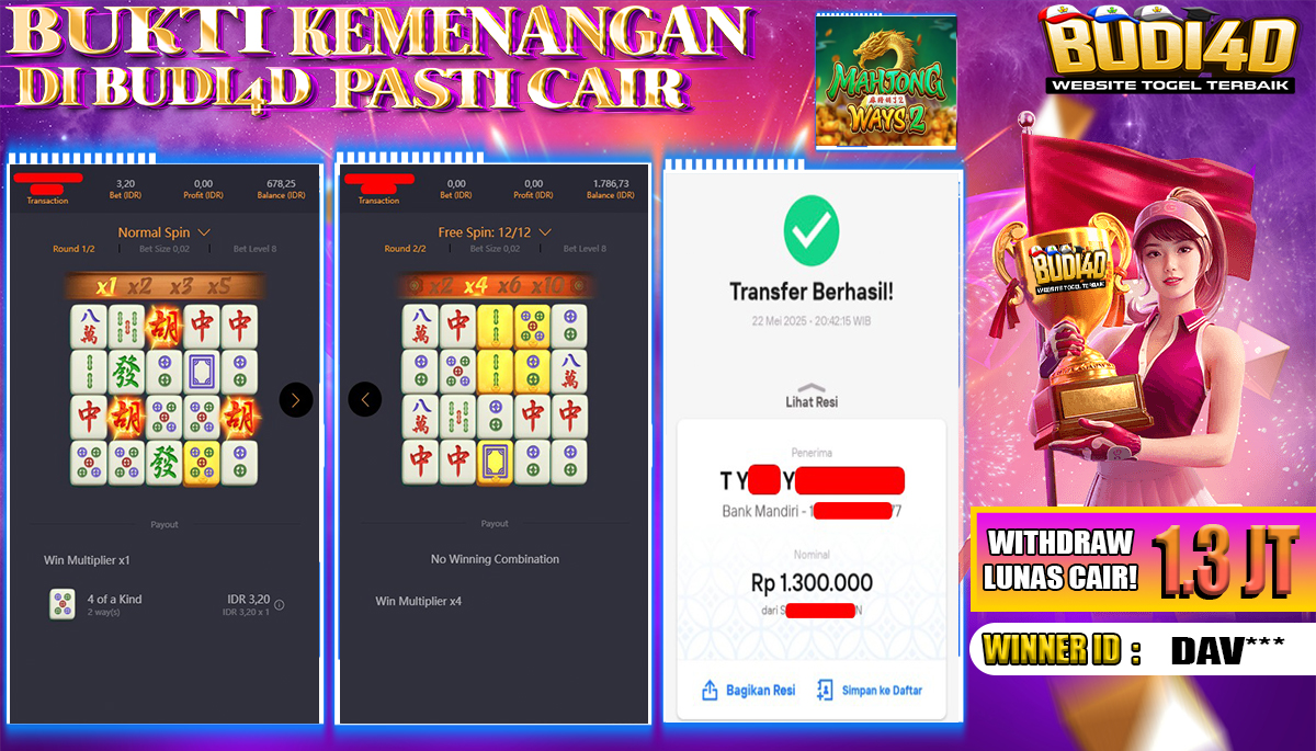 BUDI4D JACKPOT SLOT PGSOFT MAHJONG WAYS Rp.1.300.000,- LUNAS