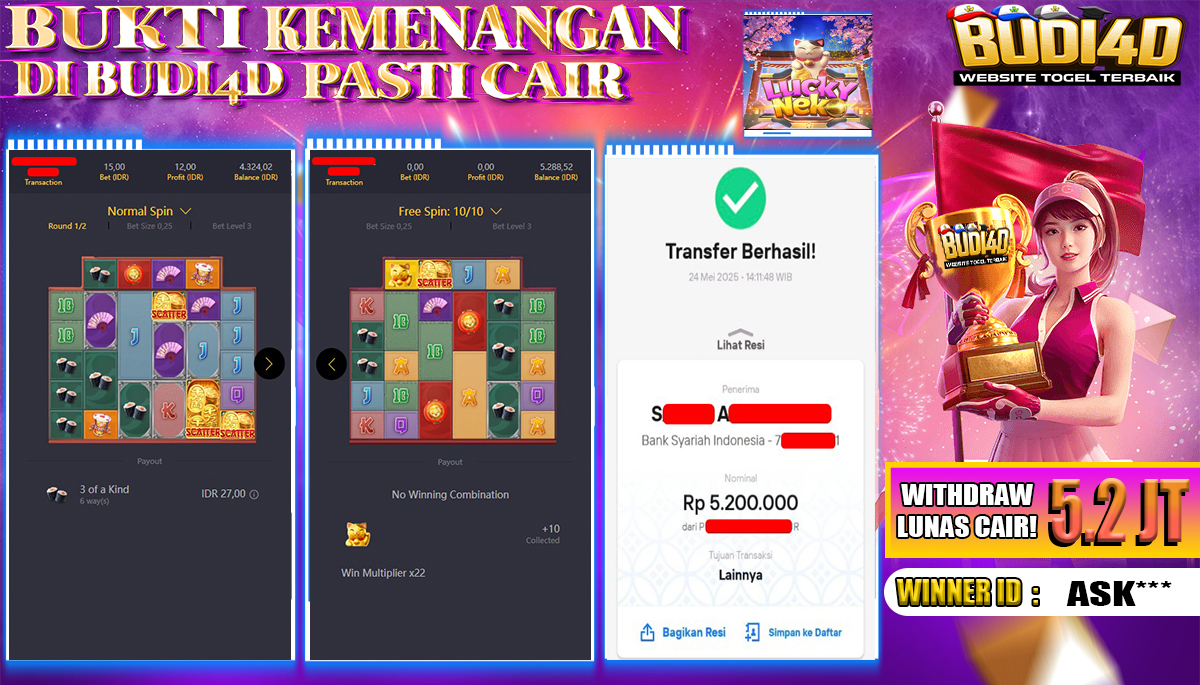 BUDI4D JACKPOT SLOT PGSOFT LUCKY NEKO Rp.5.200.000,- LUNAS