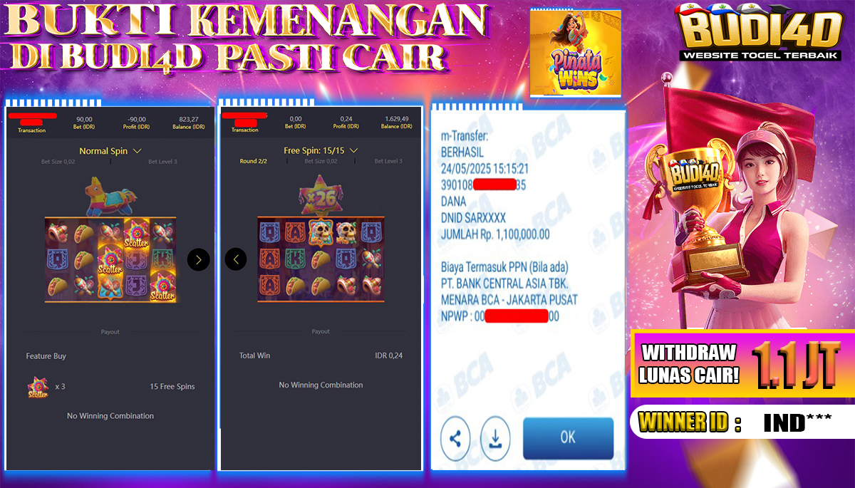 BUDI4D JACKPOT SLOT PGSOFT PINATA WINS Rp.1.100.000,- LUNAS