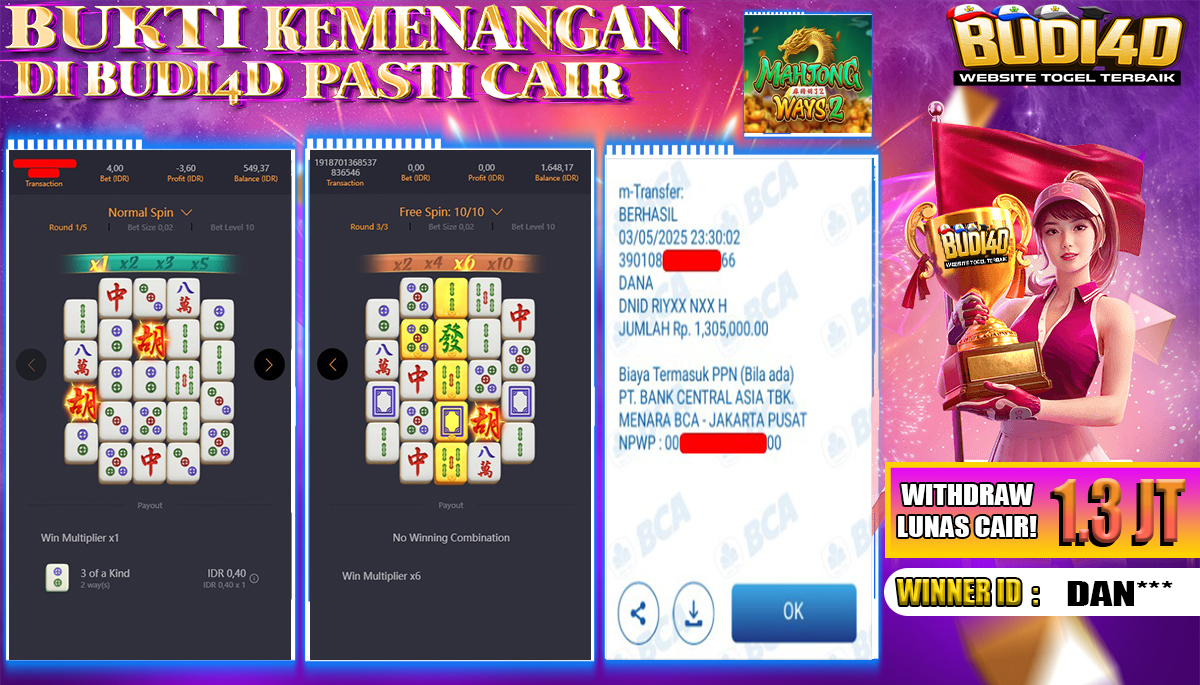 BUDI4D JACKPOT SLOT PGSOFT MAHJONG WAYS 2 Rp.1.305.000,- LUNAS