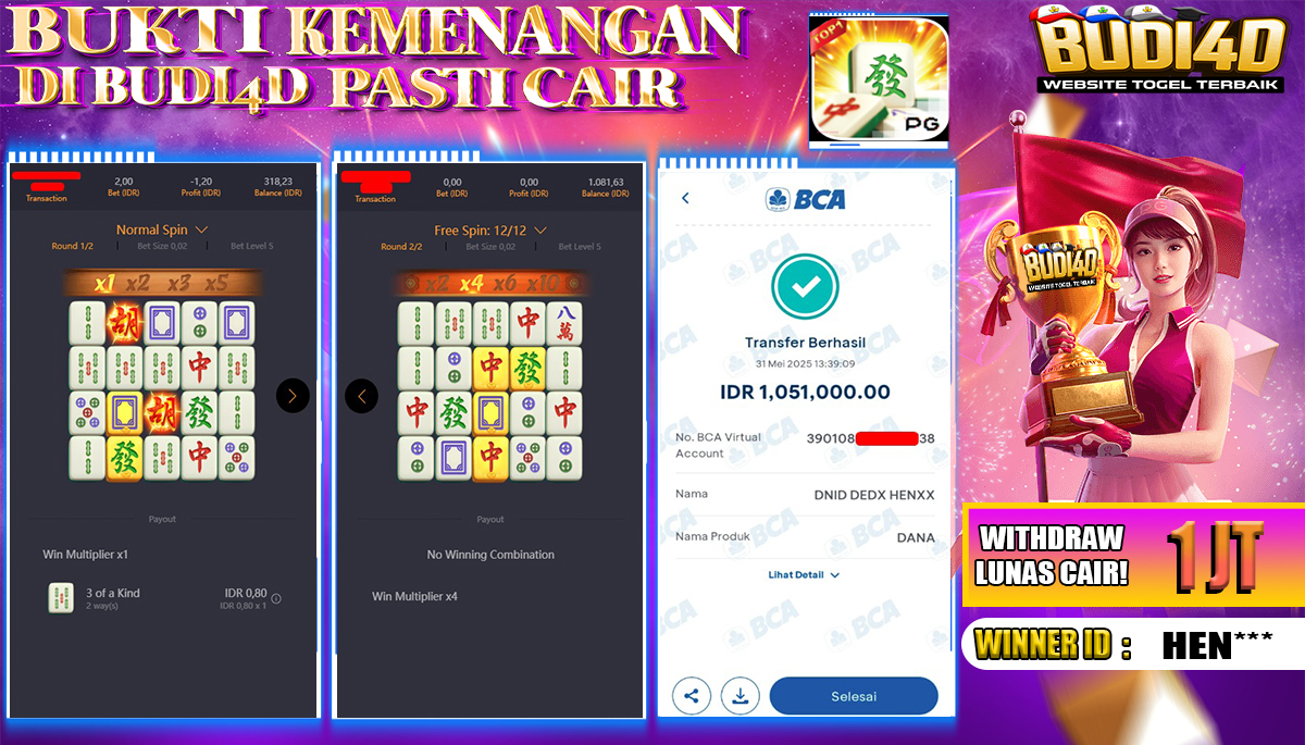 BUDI4D JACKPOT SLOT PGSOFT MAHJONG WAYS Rp.1.051.000,- LUNAS